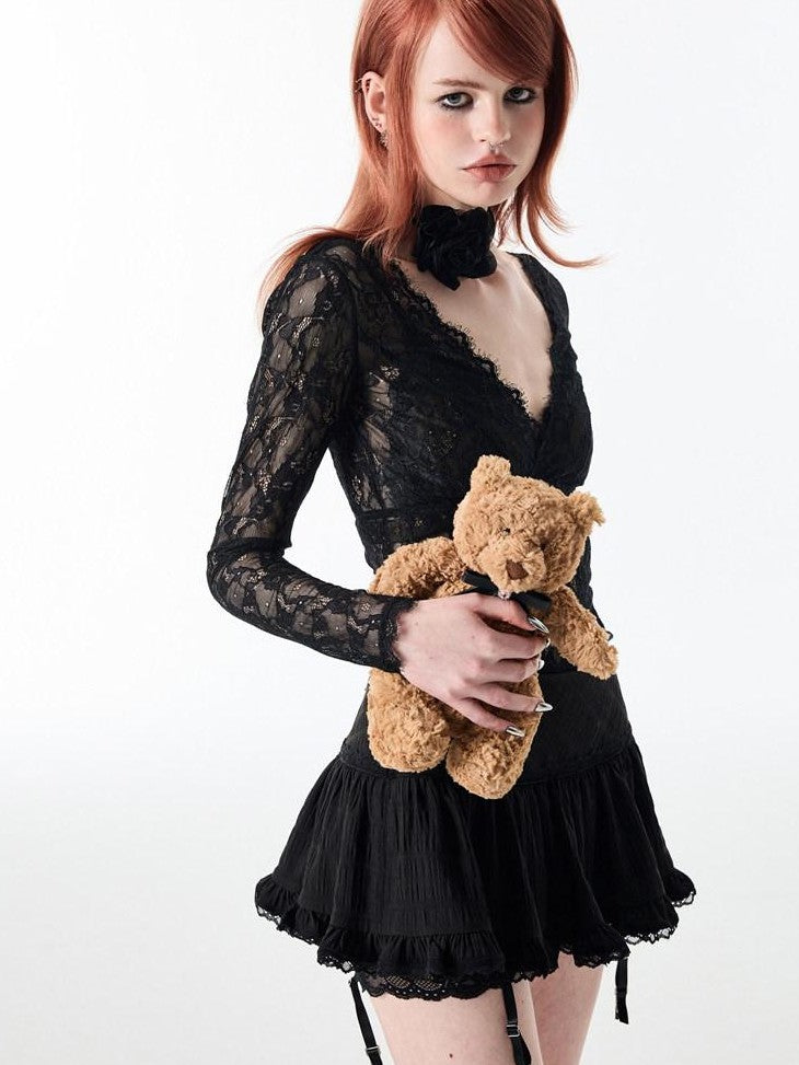 Ballet Lace Trim Pleated Mid Waist Aline Women's Tiered Skirts