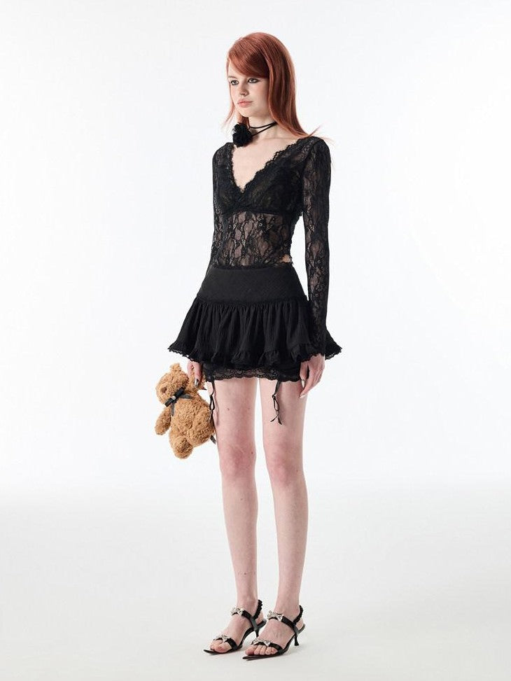 Ballet Lace Trim Pleated Mid Waist Aline Women's Tiered Skirts