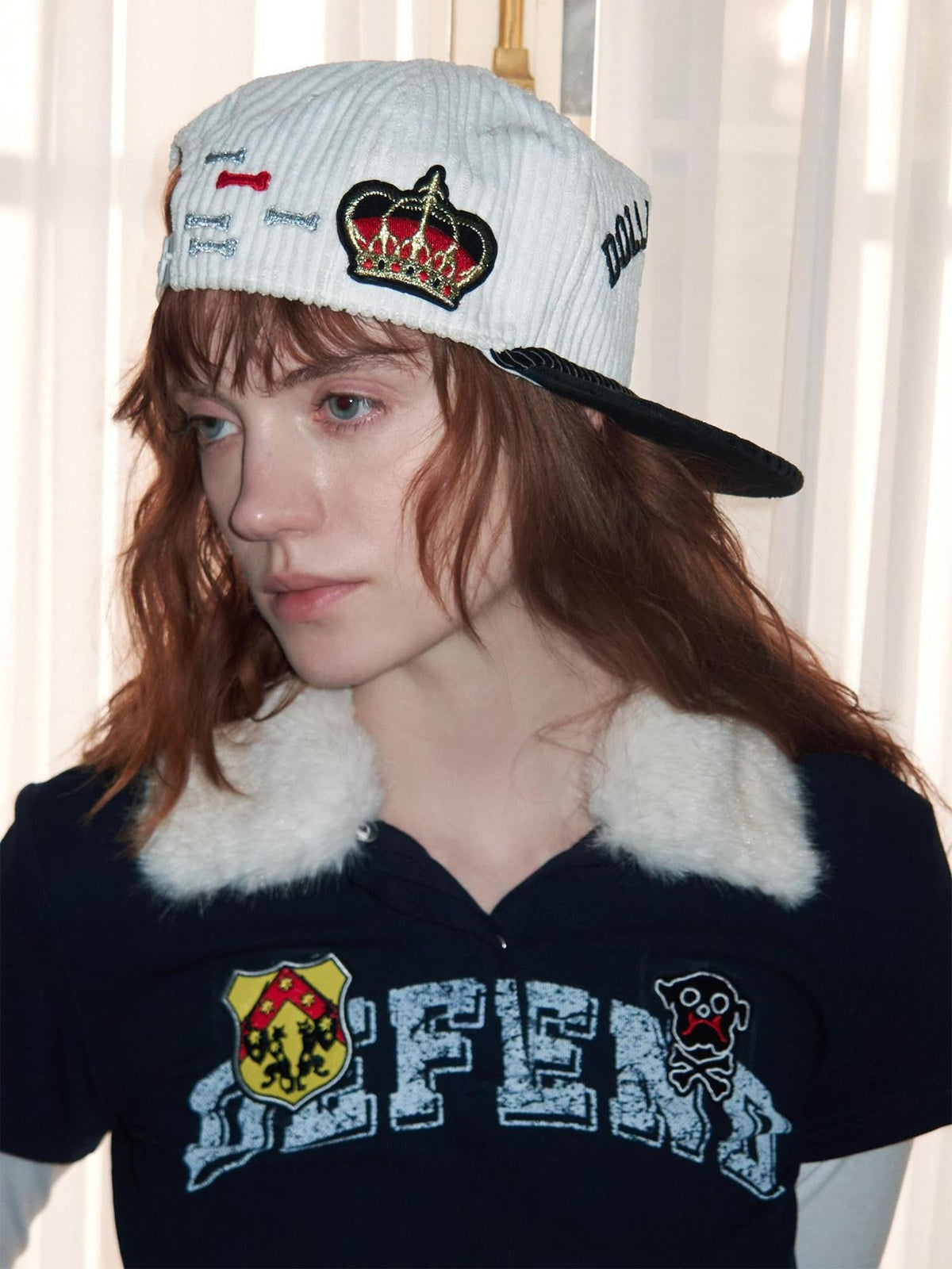 Black White Embroidered Flat Brim Women's Corduroy Baseball Caps