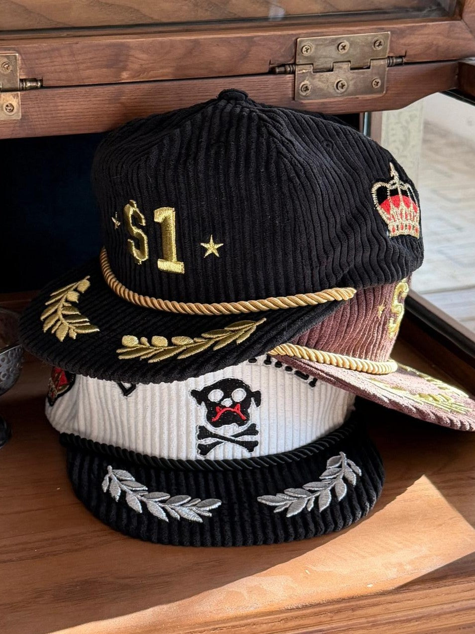 Black White Embroidered Flat Brim Women's Corduroy Baseball Caps