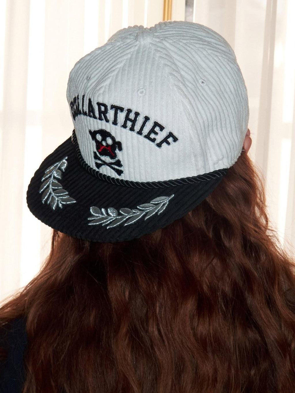 Black White Embroidered Flat Brim Women's Corduroy Baseball Caps