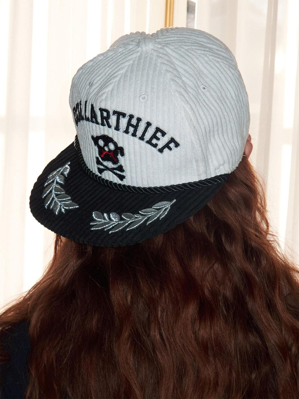 Black White Embroidered Flat Brim Women's Corduroy Baseball Caps
