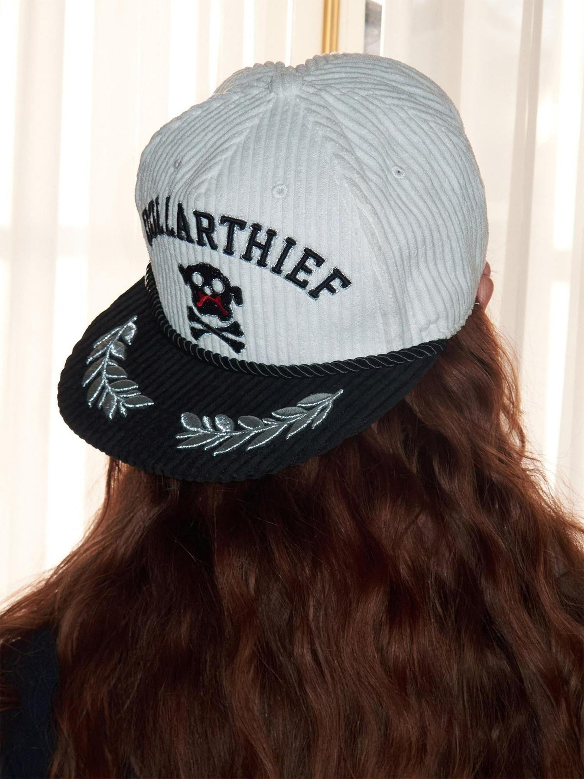 Black White Embroidered Flat Brim Women's Corduroy Baseball Caps