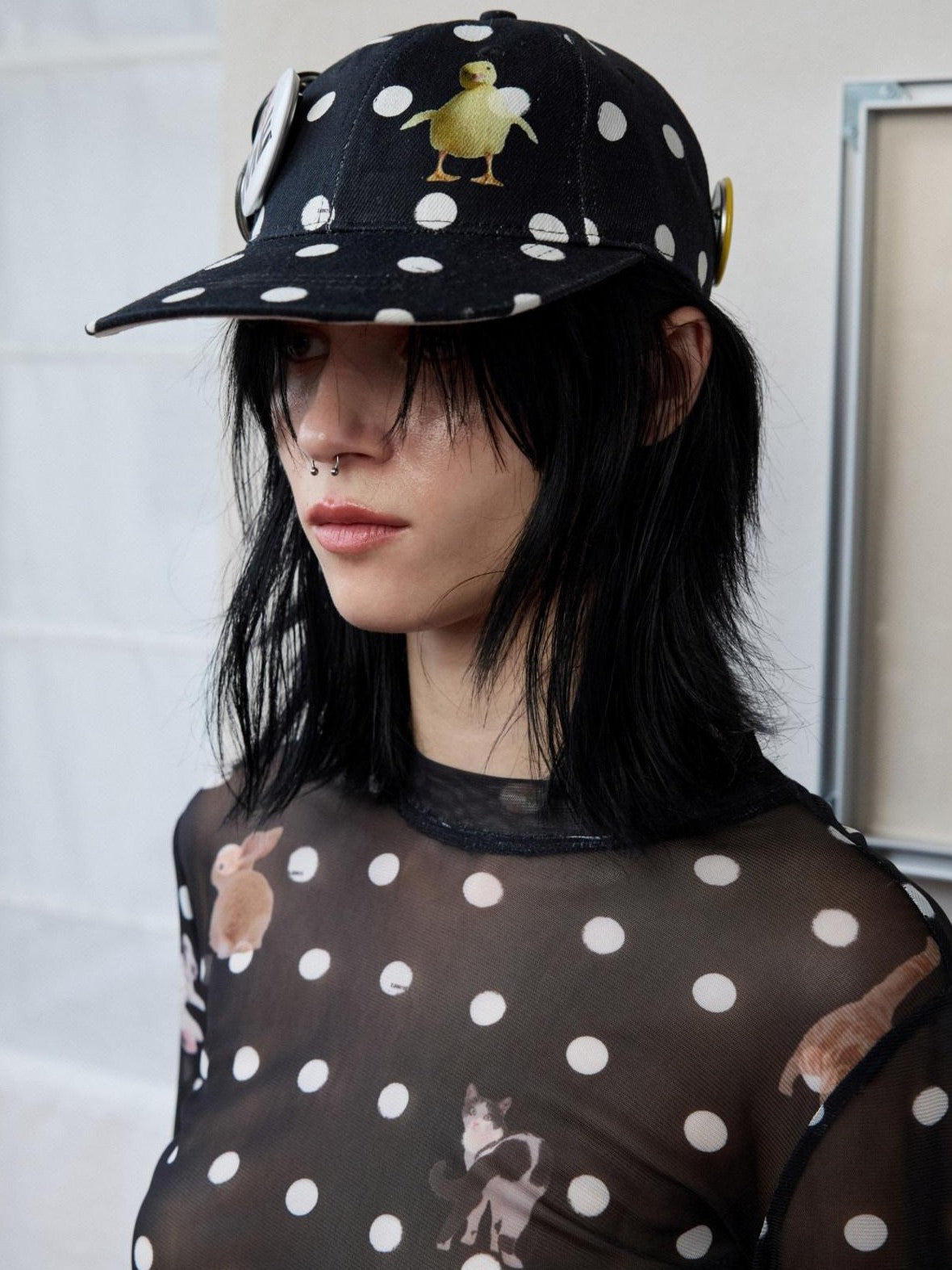 Black White Polka Dot Animal Print Badge Patch Flat Brim Women's Baseball Caps