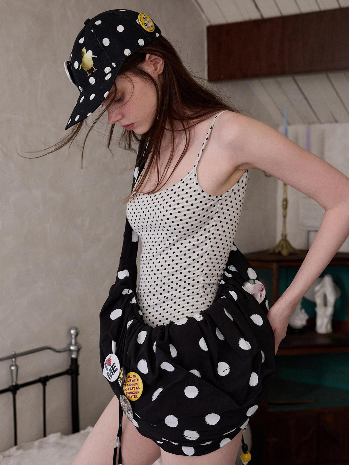 Black White Polka Dot Animal Print Badge Patch Flat Brim Women's Baseball Caps