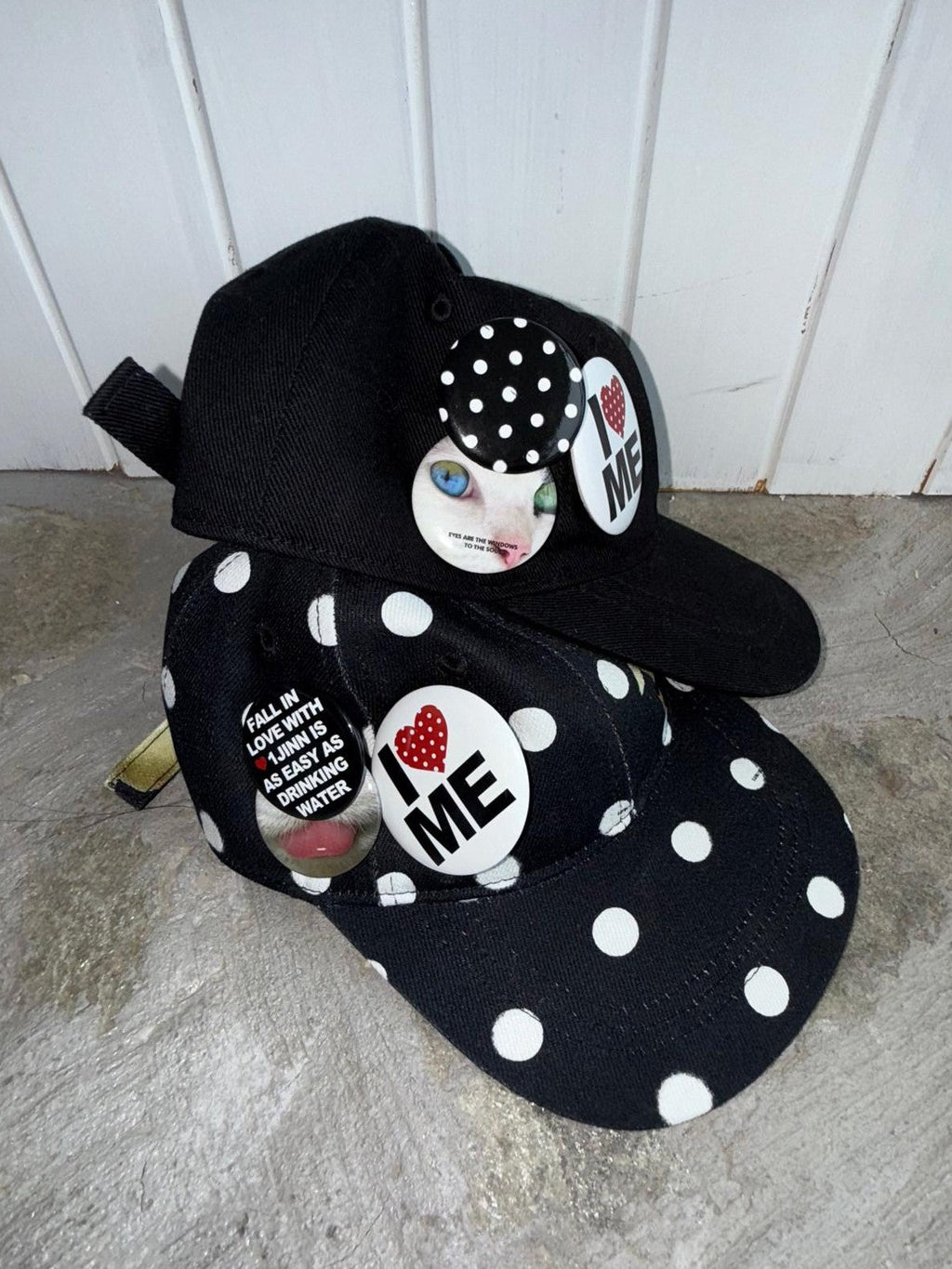 Black White Polka Dot Animal Print Badge Patch Flat Brim Women's Baseball Caps