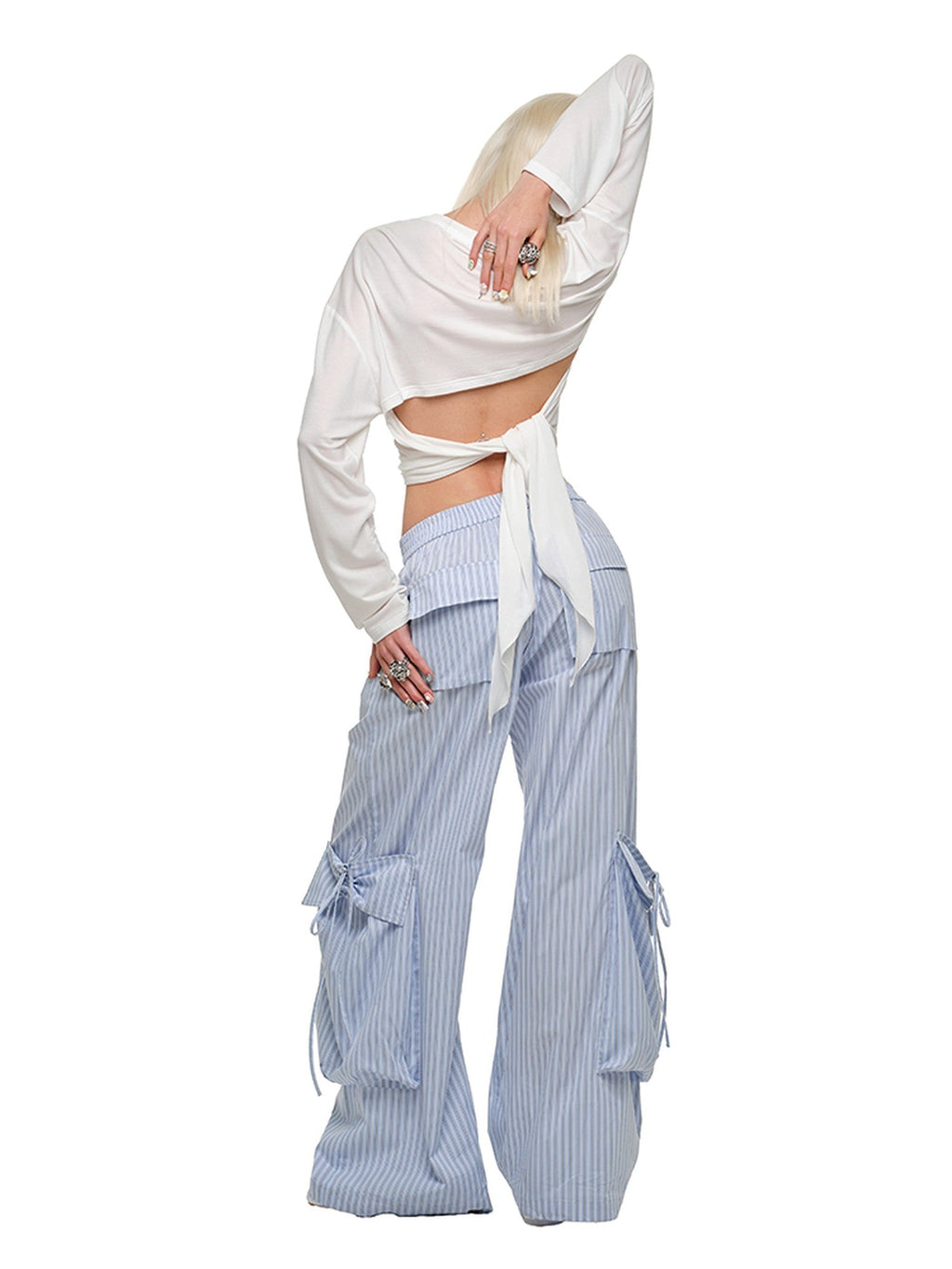 Boxy Large Pocket Striped Jacquard Cargo Women's Other Material Wide-leg Pants