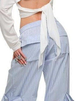 Boxy Large Pocket Striped Jacquard Cargo Women's Other Material Wide-leg Pants