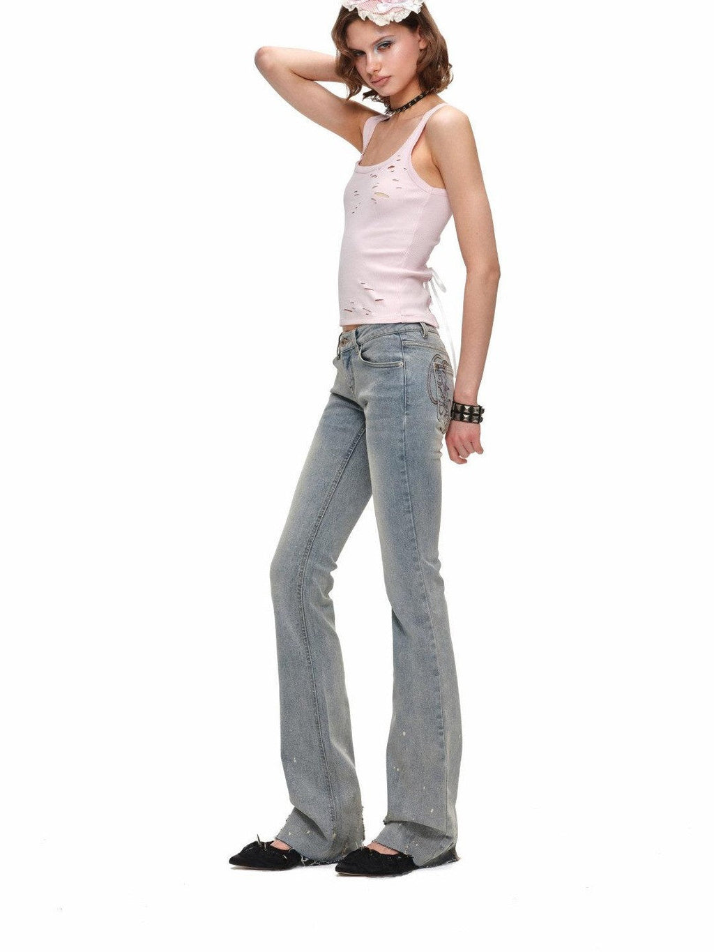 Brushed Heavy Embroidery Ink Splatter Women's Stretch Denim Flare Jeans