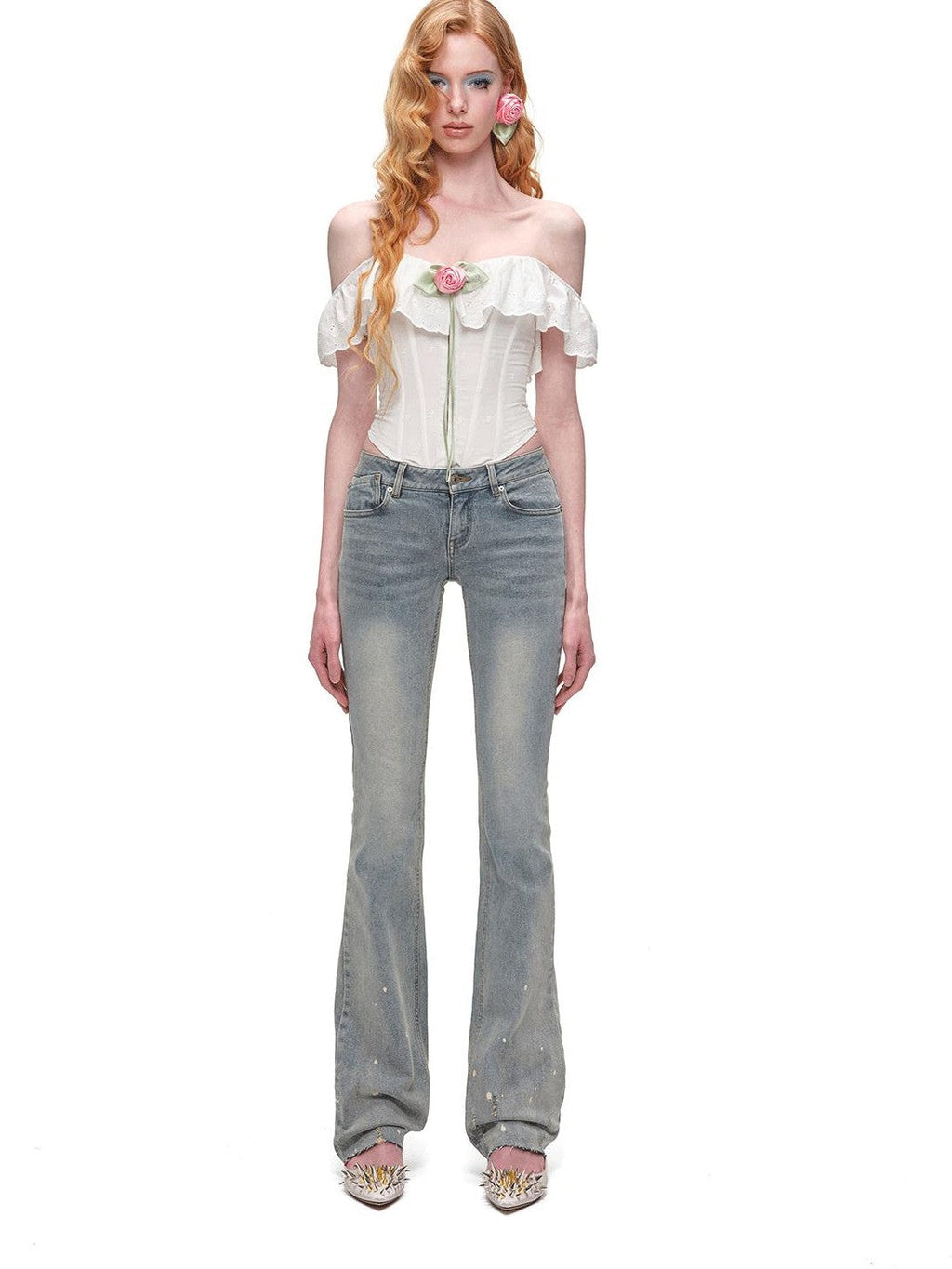 Brushed Heavy Embroidery Ink Splatter Women's Stretch Denim Flare Jeans