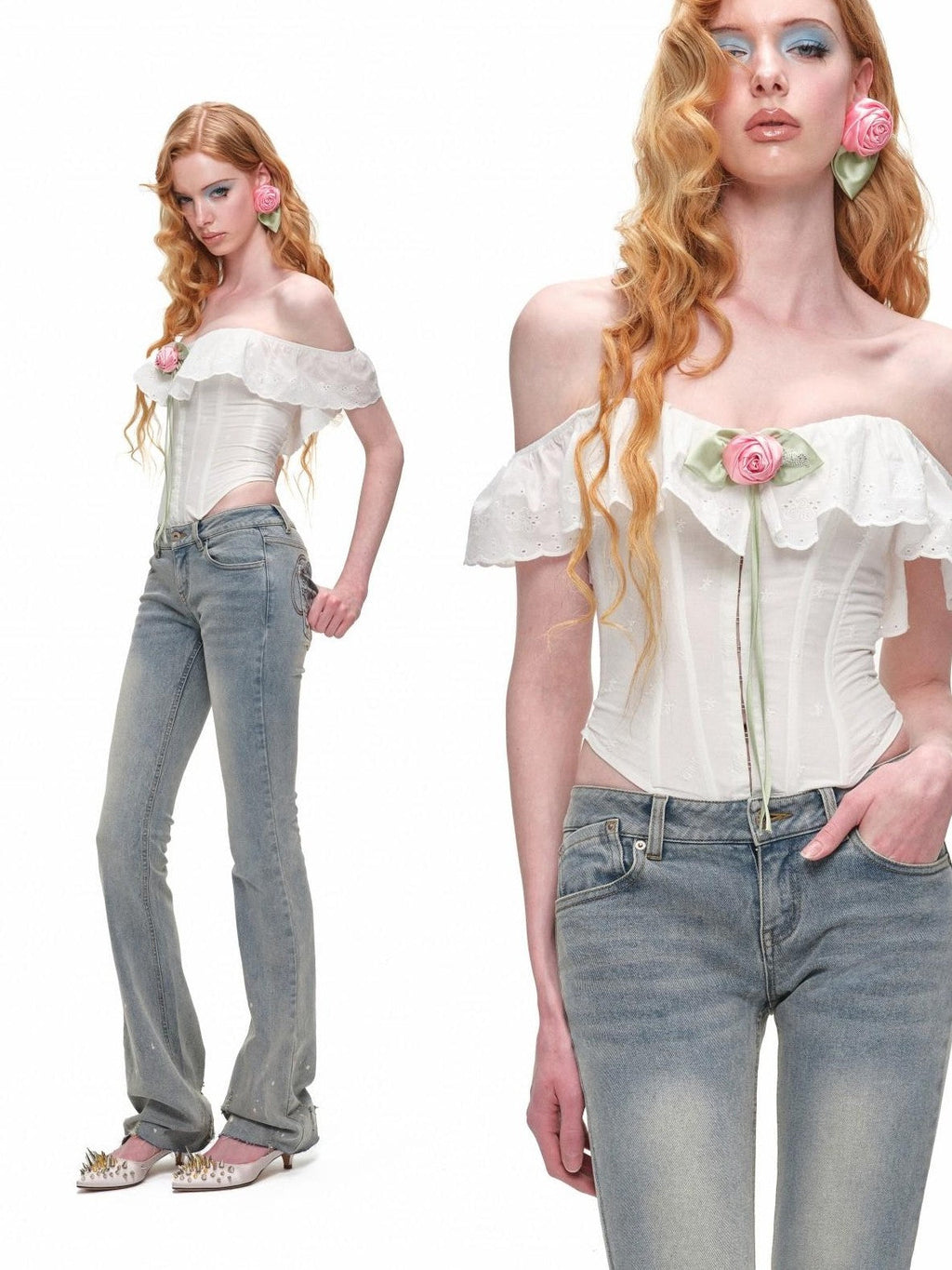 Brushed Heavy Embroidery Ink Splatter Women's Stretch Denim Flare Jeans