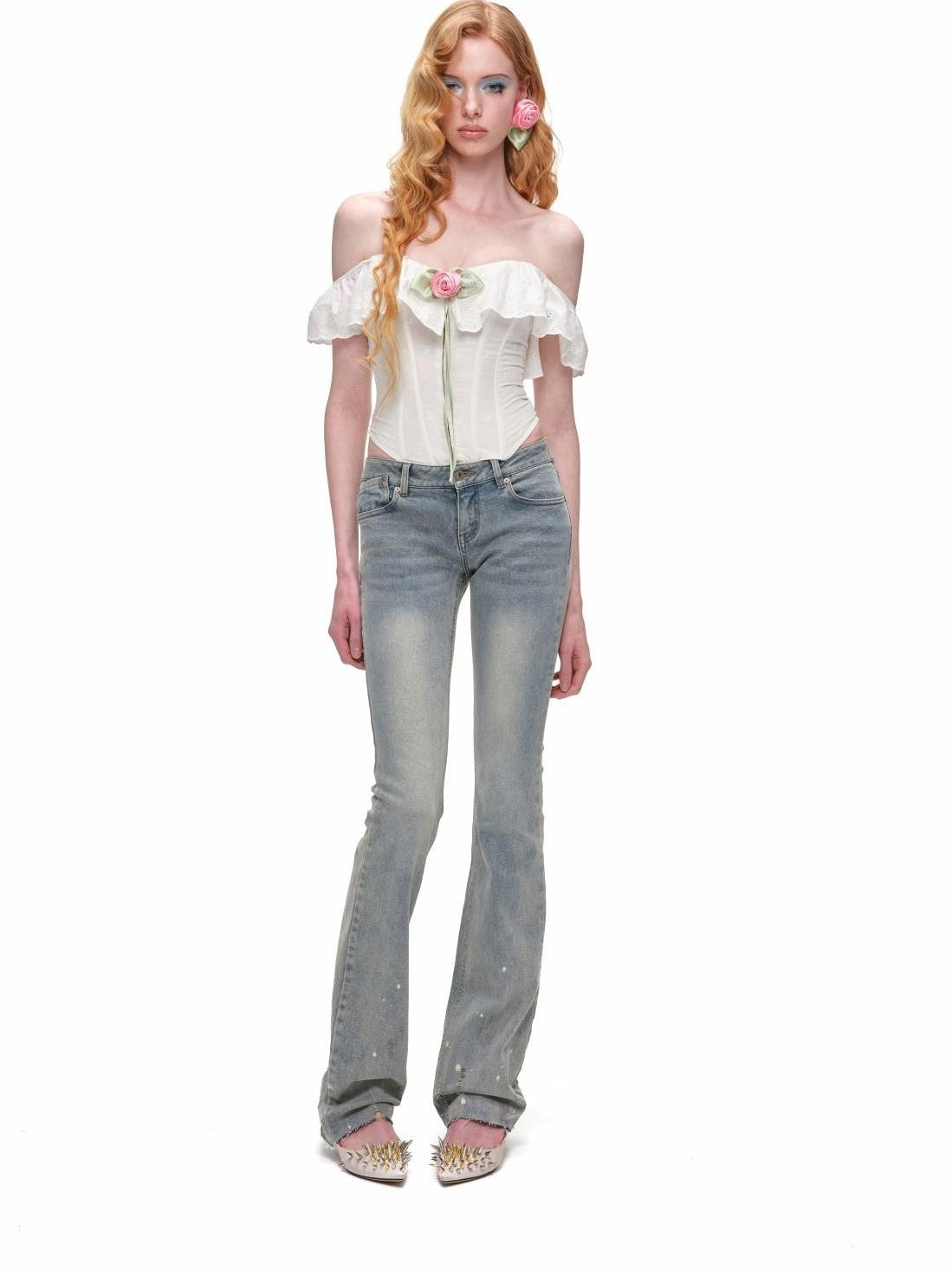 Brushed Heavy Embroidery Ink Splatter Women's Stretch Denim Flare Jeans