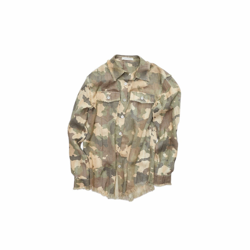 Camel Gray Camo Washed Pleated Frayed Tassel Fitted Women's Lyocell Shirts