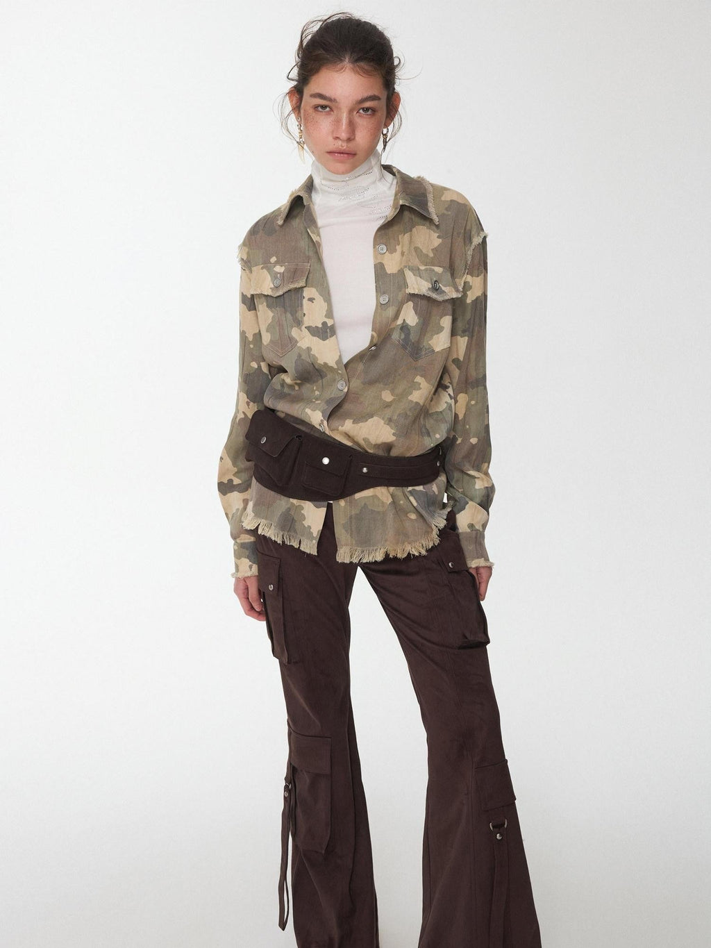 Camel Gray Camo Washed Pleated Frayed Tassel Fitted Women's Lyocell Shirts