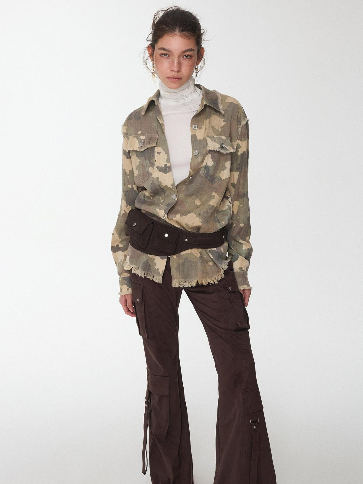 Camel Gray Camo Washed Pleated Frayed Tassel Fitted Women's Lyocell Shirts