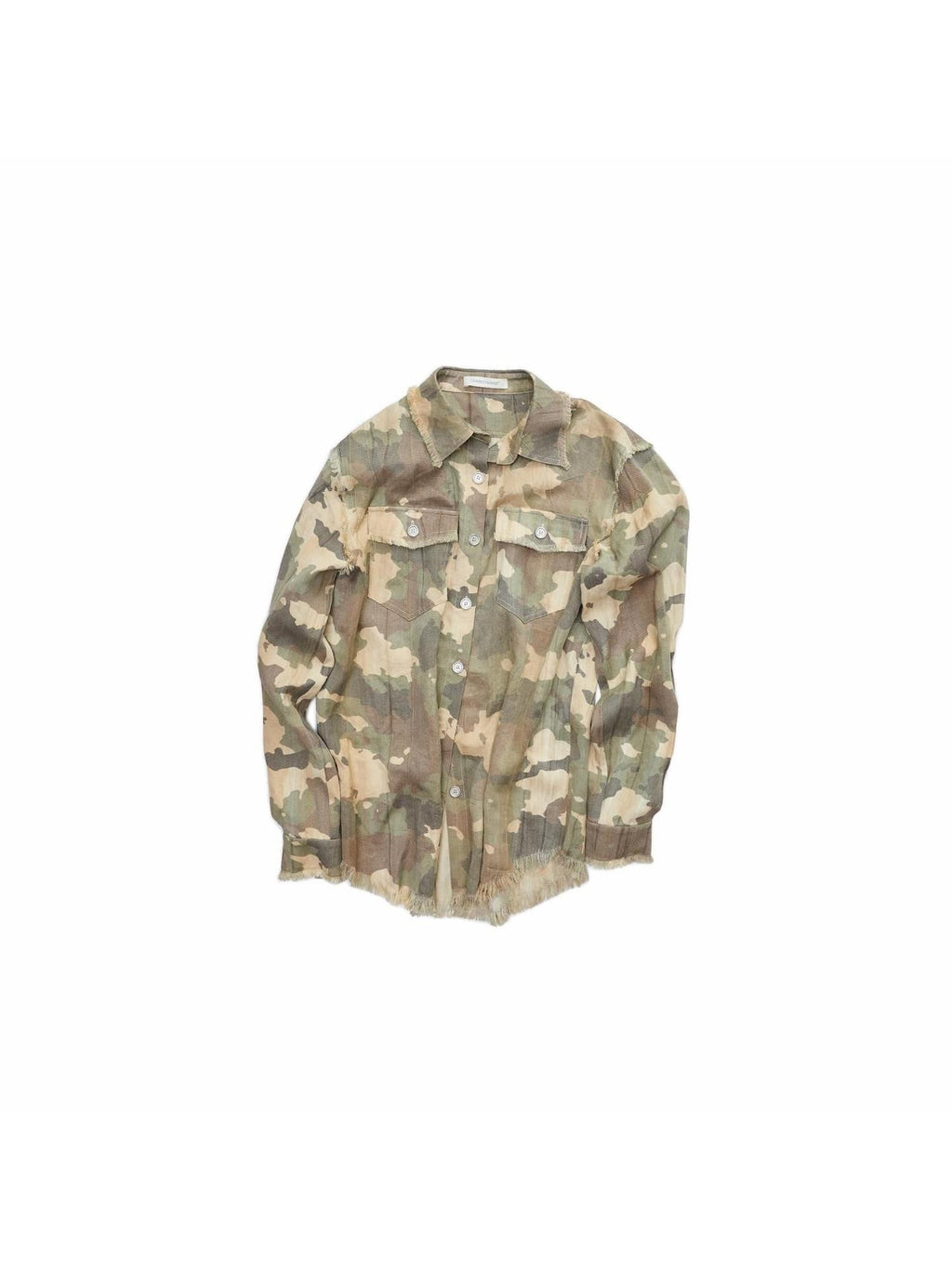 Camel Gray Camo Washed Pleated Frayed Tassel Fitted Women's Lyocell Shirts