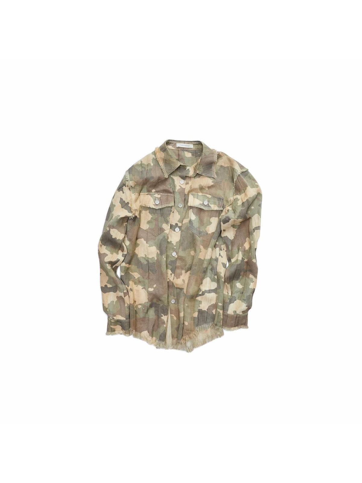 Camel Gray Camo Washed Pleated Frayed Tassel Fitted Women's Lyocell Shirts