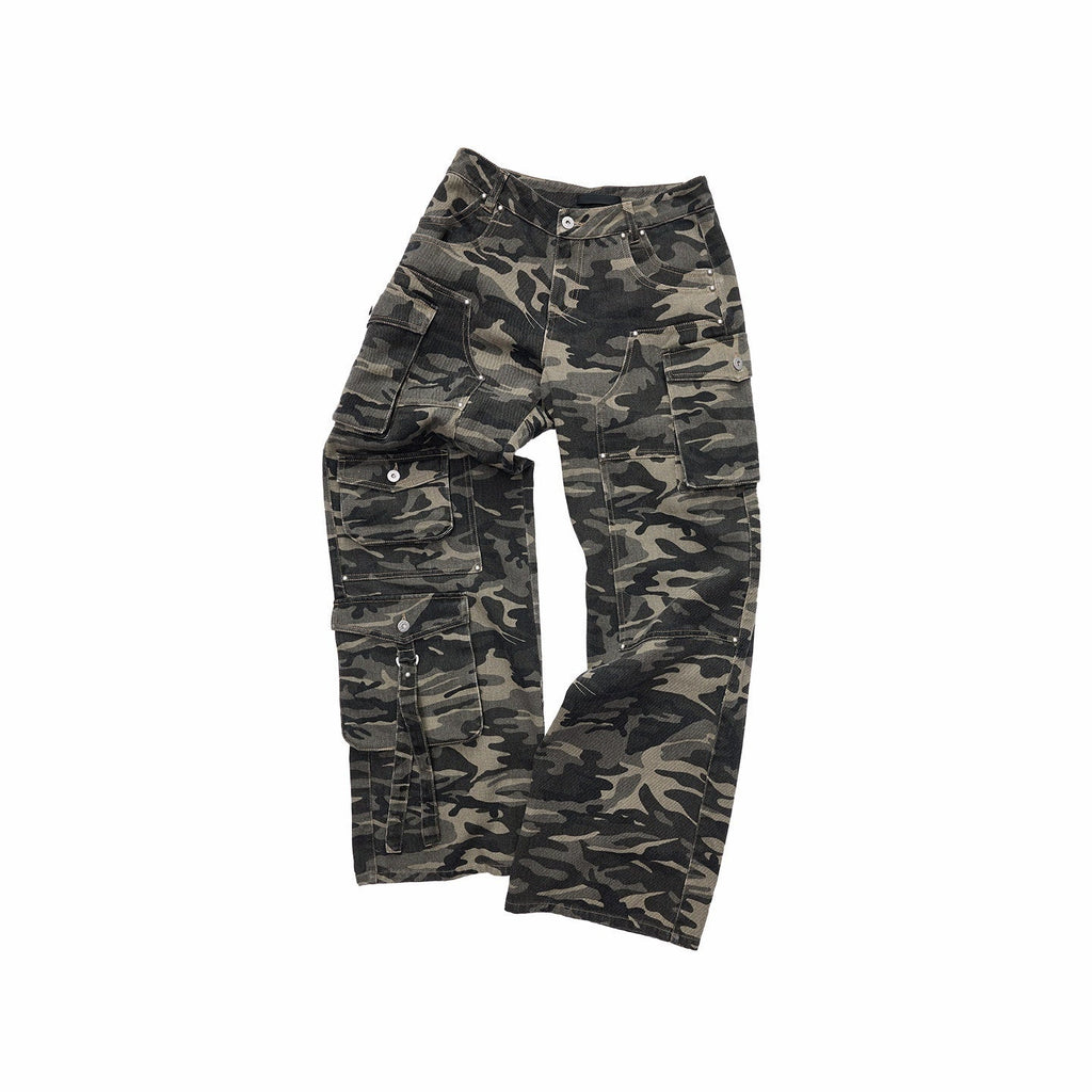 Camo Vintage Washed Utility Multi Pocket Women's Wide-leg Pants