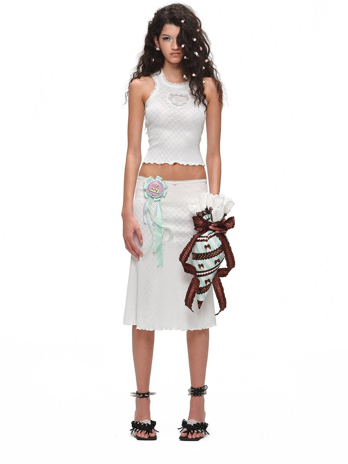 Cartoon Jacquard Knit Vest Women's Knit Midi Bodycon Matching Skirt Sets