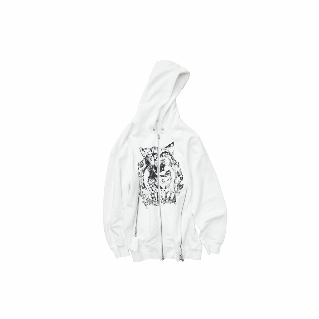 Cat Print Double Zipper Drop Shoulder Women's Straight Cut Zip-up Hoodies