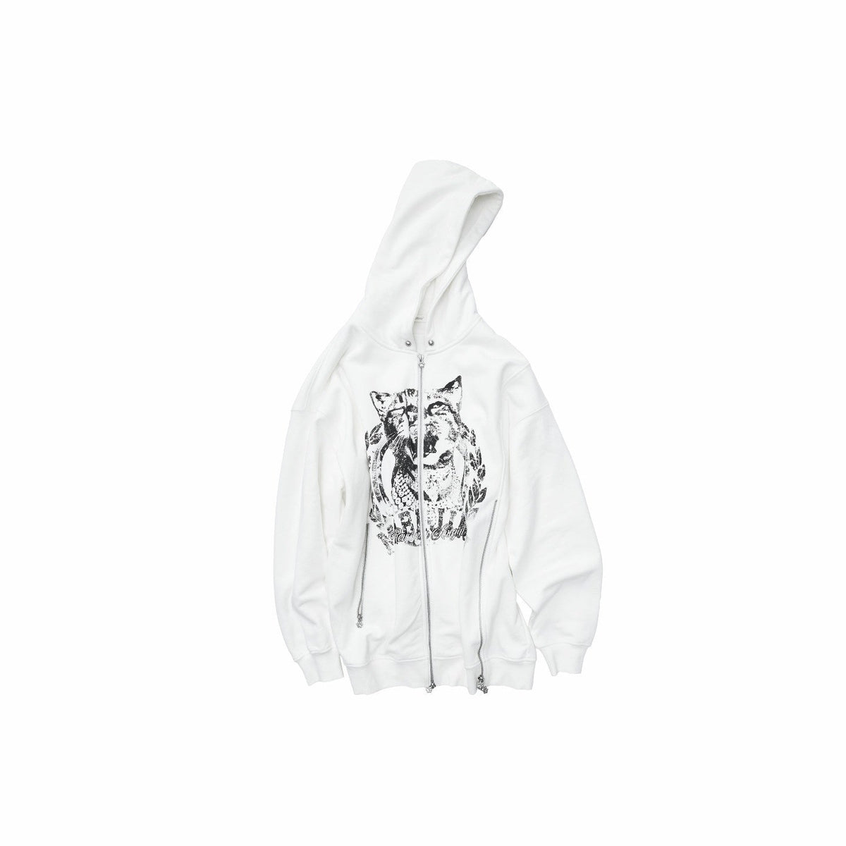 Cat Print Double Zipper Drop Shoulder Women's Straight Cut Zip-up Hoodies