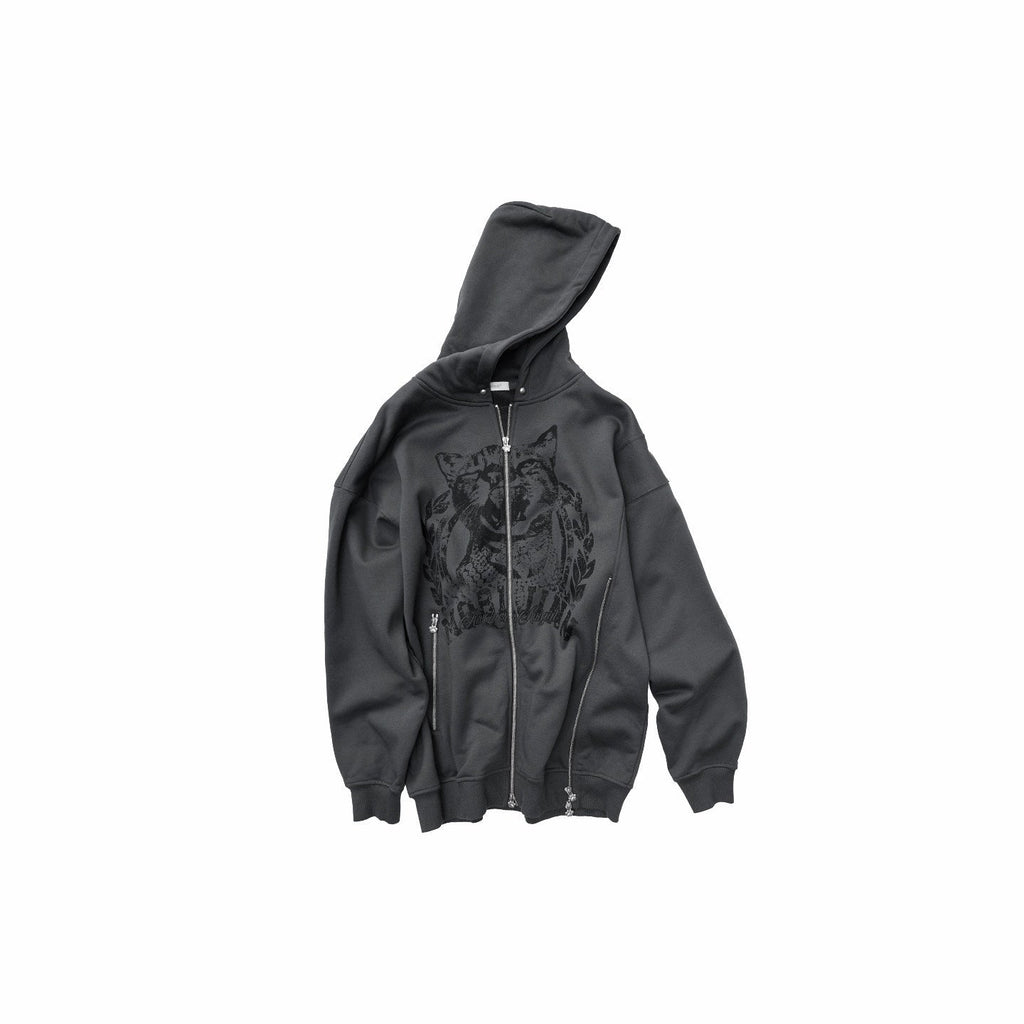 Cat Print Double Zipper Drop Shoulder Women's Straight Cut Zip-up Hoodies
