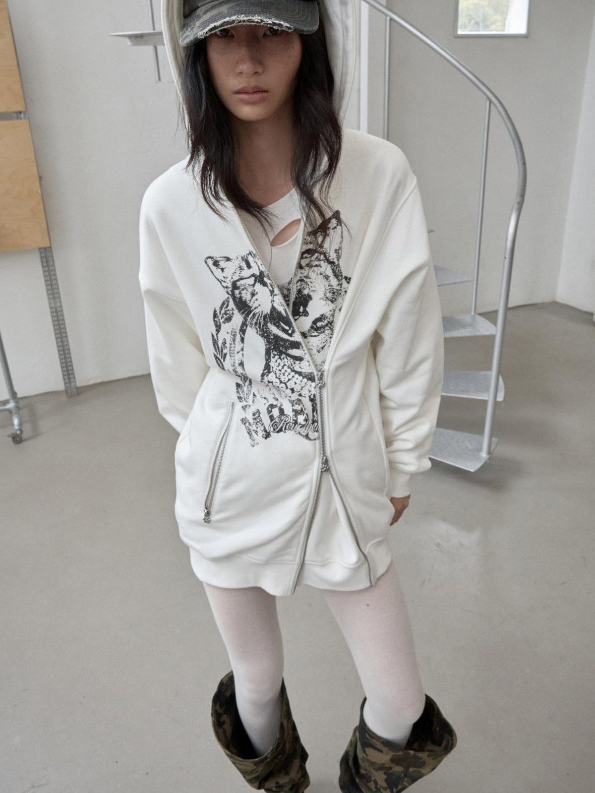 Cat Print Double Zipper Drop Shoulder Women's Straight Cut Zip-up Hoodies