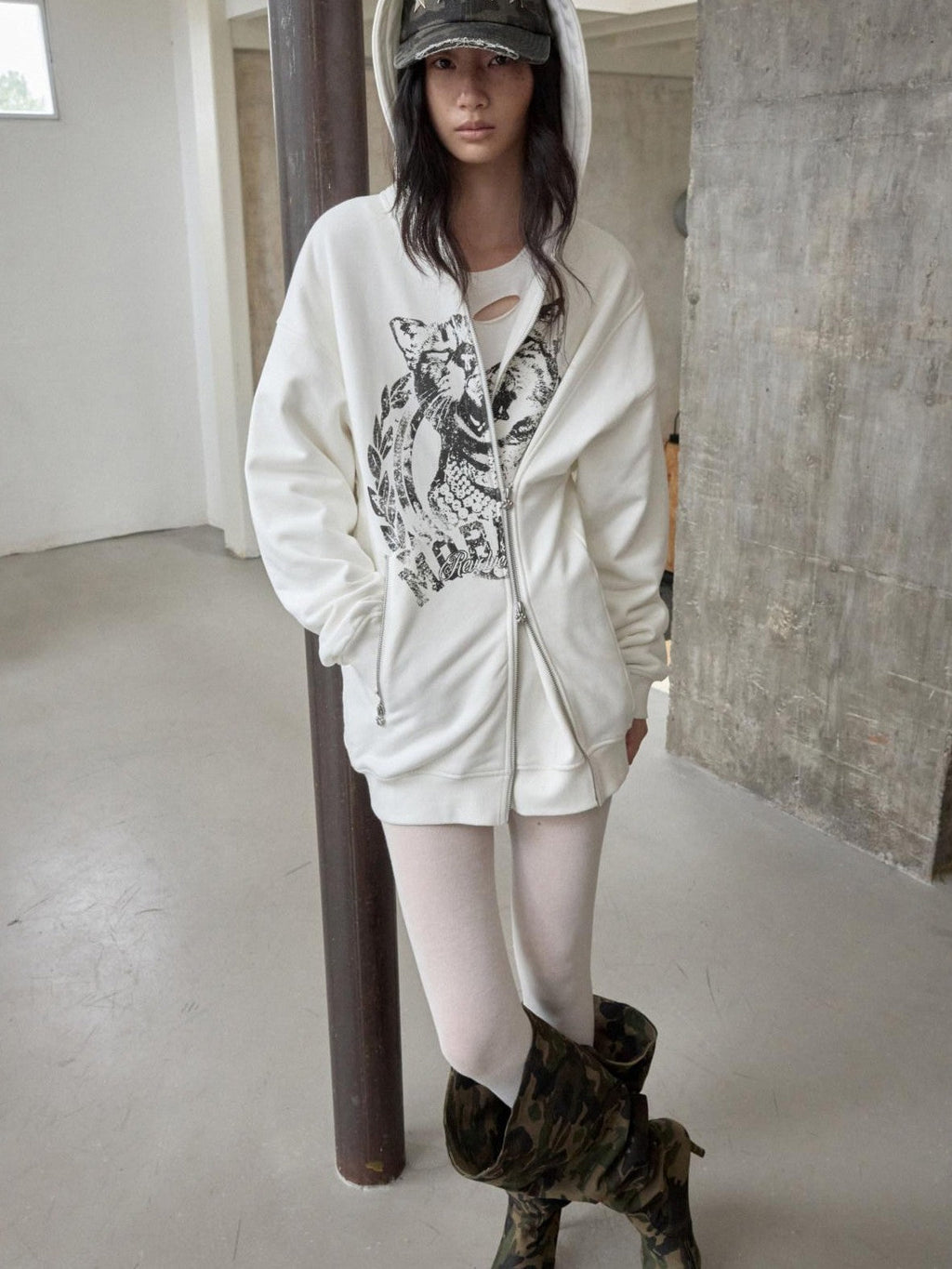 Cat Print Double Zipper Drop Shoulder Women's Straight Cut Zip-up Hoodies