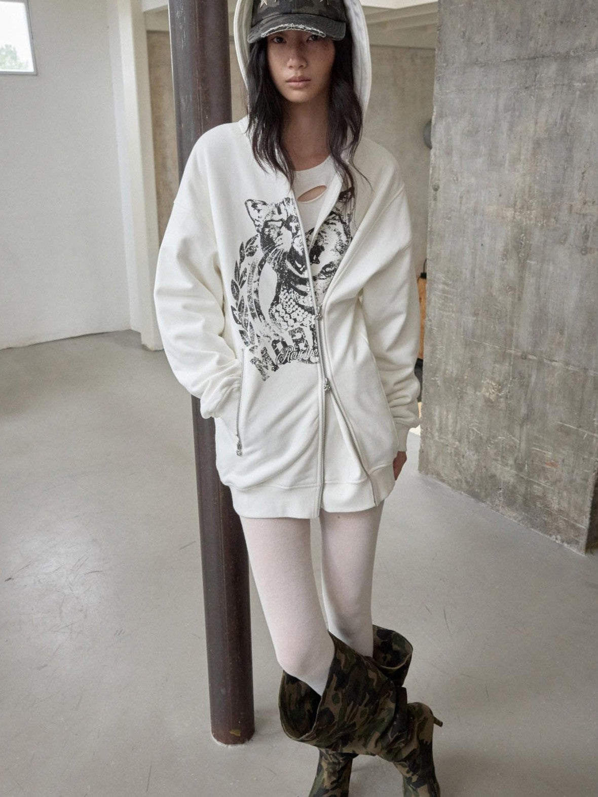 Cat Print Double Zipper Drop Shoulder Women's Straight Cut Zip-up Hoodies