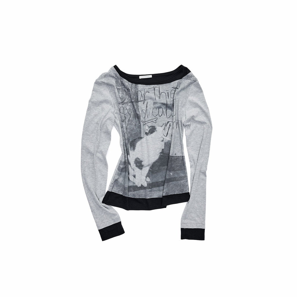 Colorblock Cat Dog Print Women's Faux Layered Long Sleeve T-shirts