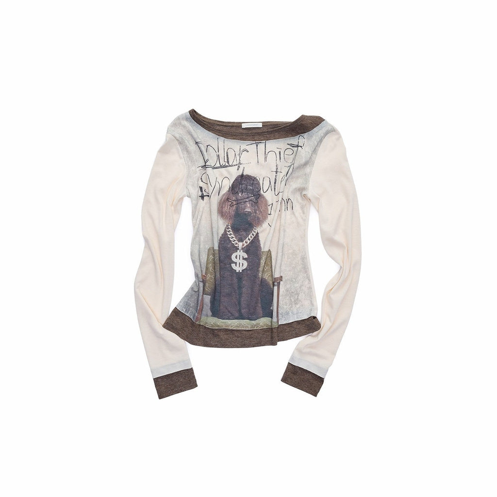 Colorblock Cat Dog Print Women's Faux Layered Long Sleeve T-shirts