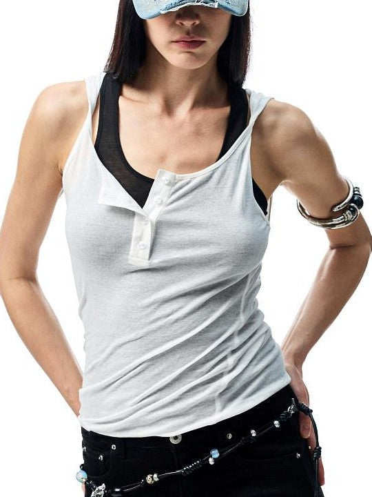 Colorblock Faux Two Piece U Neck Slim Fit Women's Cotton Tank Tops