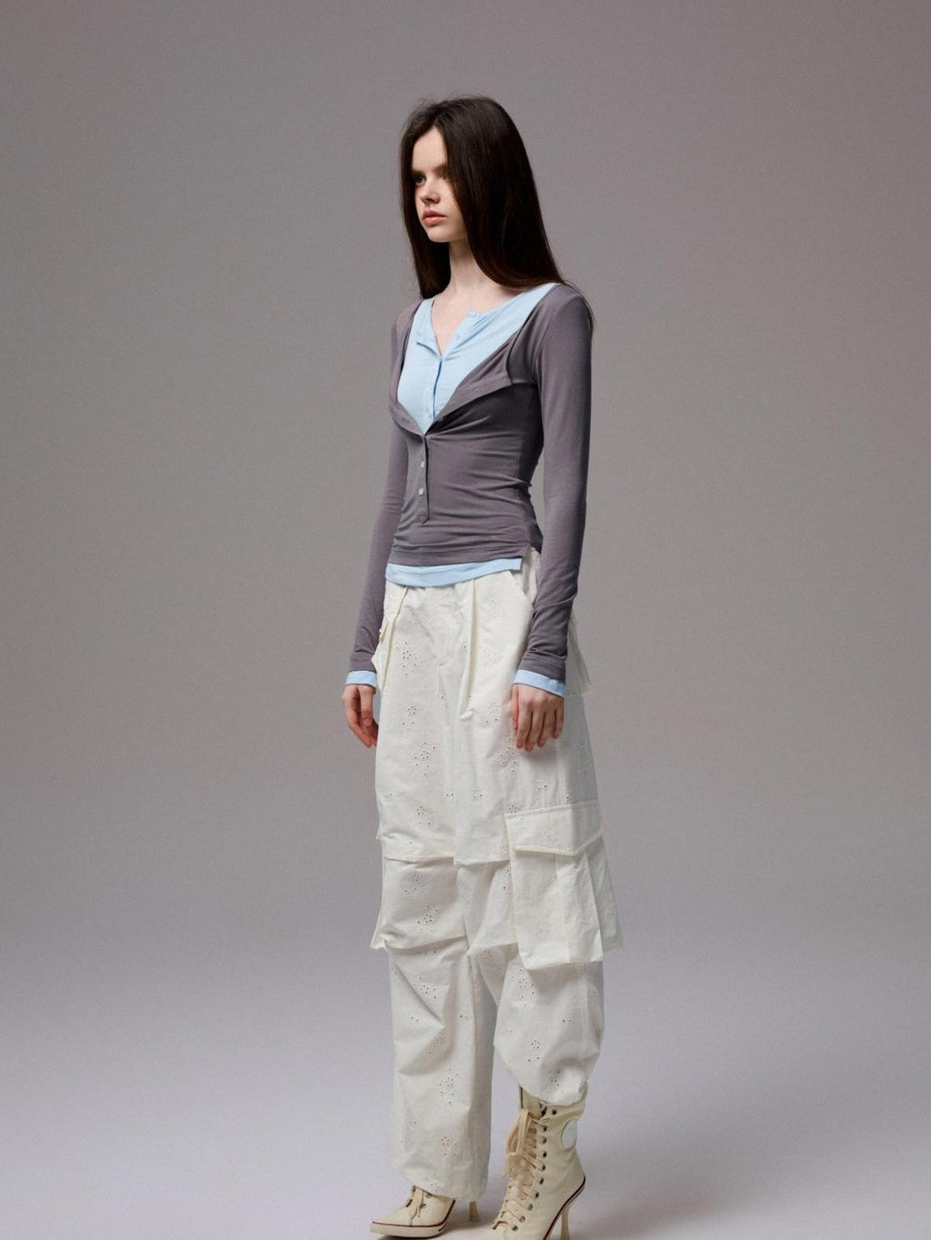 Colorblock Henley Collar Faux Layered Slim Stretch Women's Long Sleeve T-shirts