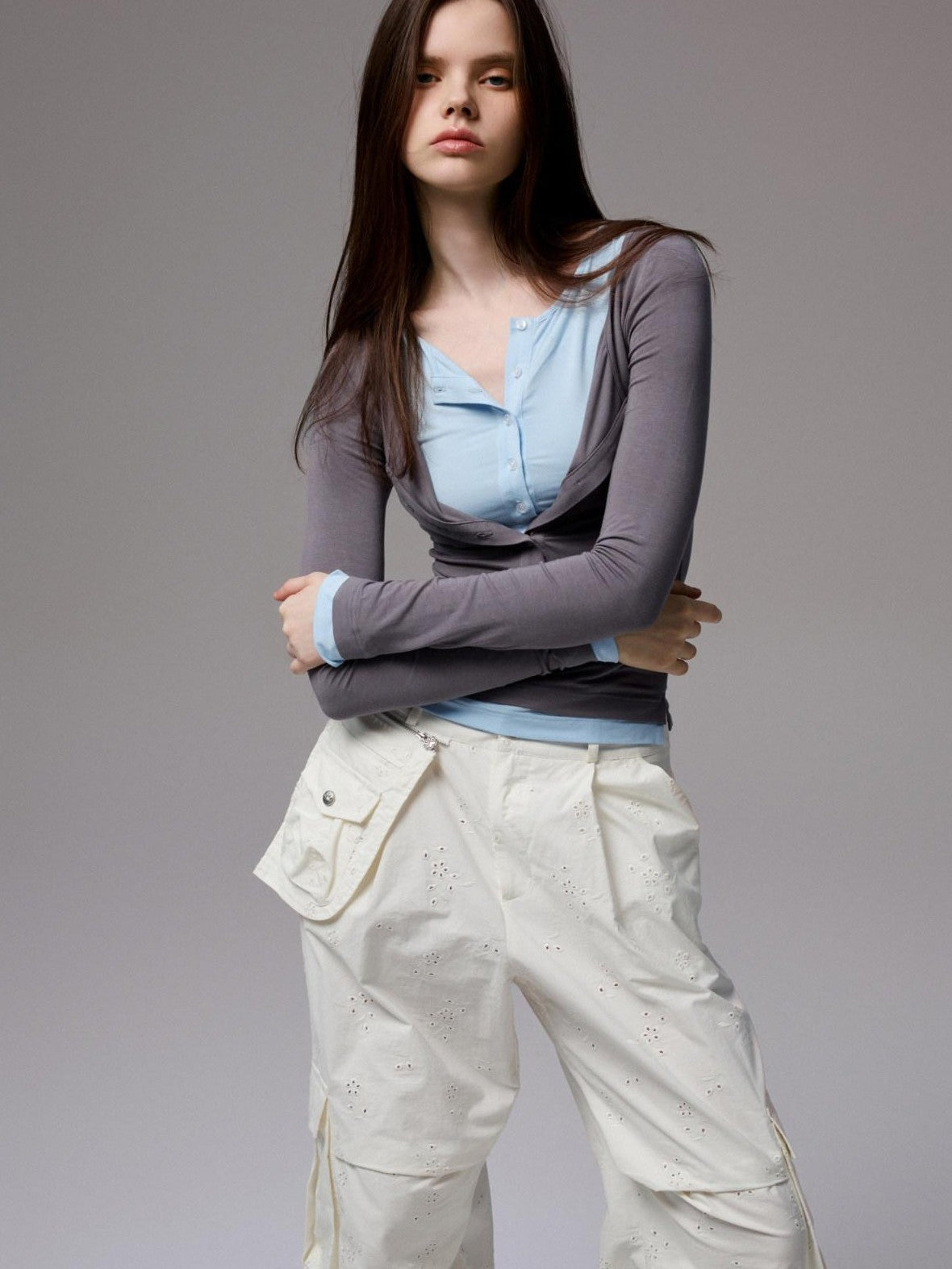 Colorblock Henley Collar Faux Layered Slim Stretch Women's Long Sleeve T-shirts