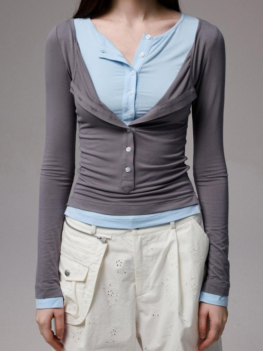 Colorblock Henley Collar Faux Layered Slim Stretch Women's Long Sleeve T-shirts
