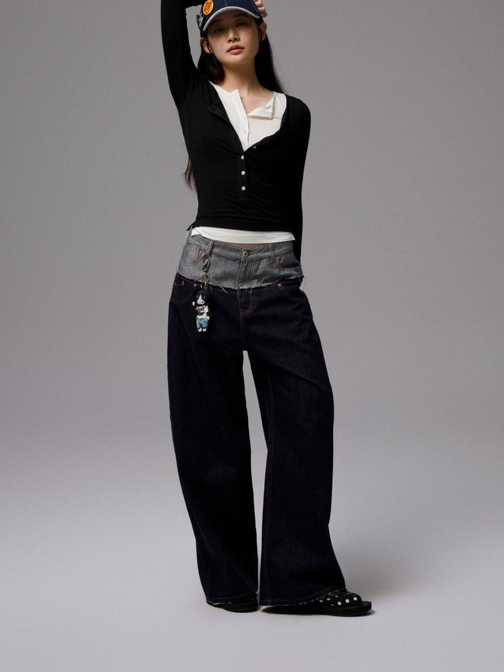 Colorblock Henley Collar Faux Layered Slim Stretch Women's Long Sleeve T-shirts