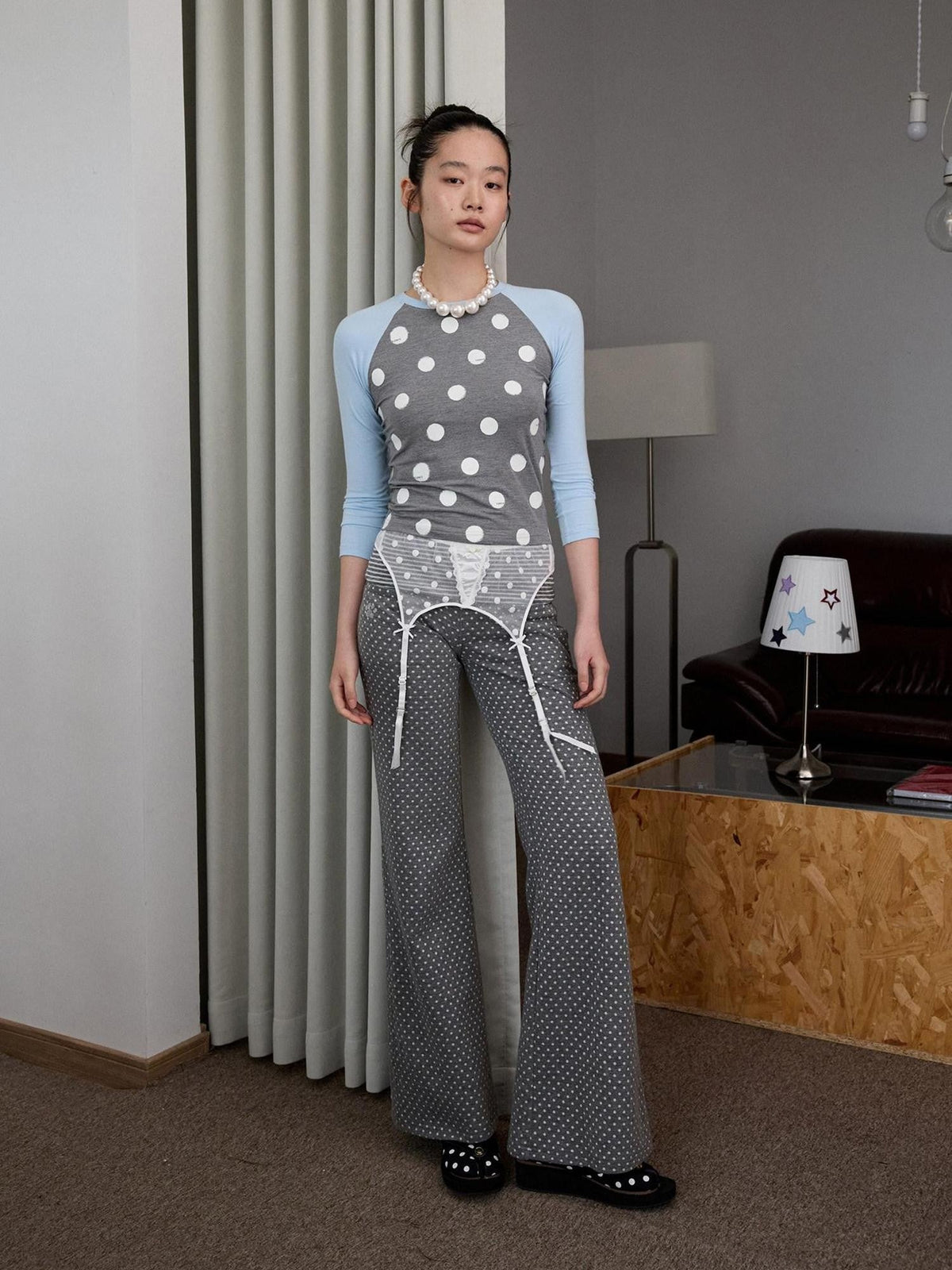 Colorblock Polka Dot Print Raglan Three Quarter Sleeve Women's Crop Tops