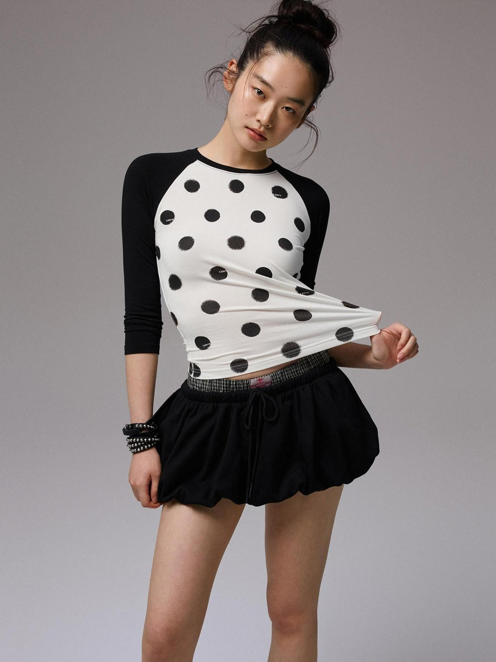 Colorblock Polka Dot Print Raglan Three Quarter Sleeve Women's Crop Tops