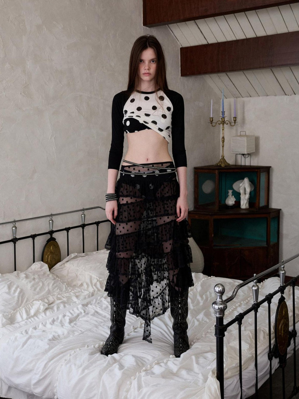Colorblock Polka Dot Print Raglan Three Quarter Sleeve Women's Crop Tops