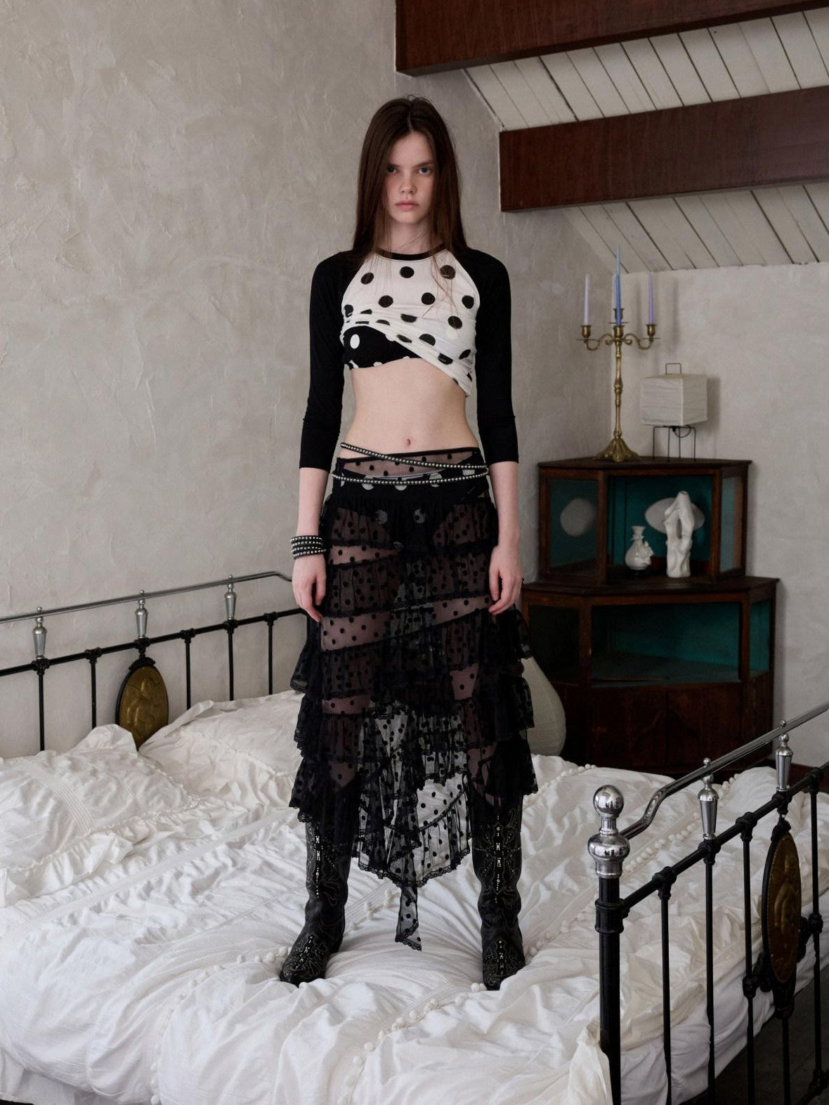 Colorblock Polka Dot Print Raglan Three Quarter Sleeve Women's Crop Tops