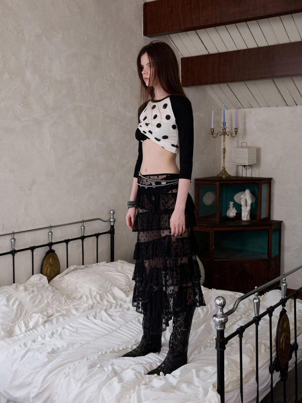 Colorblock Polka Dot Print Raglan Three Quarter Sleeve Women's Crop Tops
