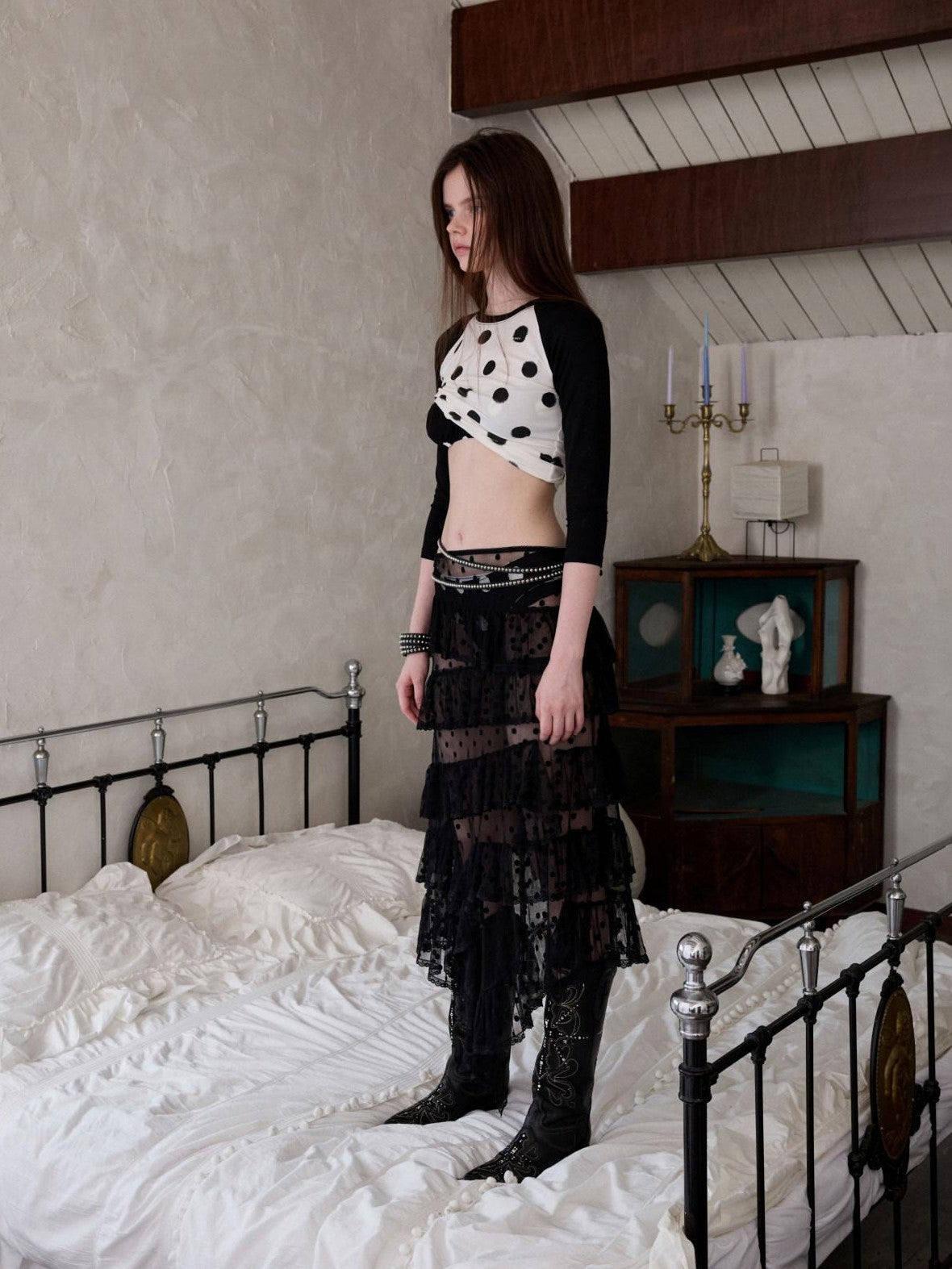 Colorblock Polka Dot Print Raglan Three Quarter Sleeve Women's Crop Tops