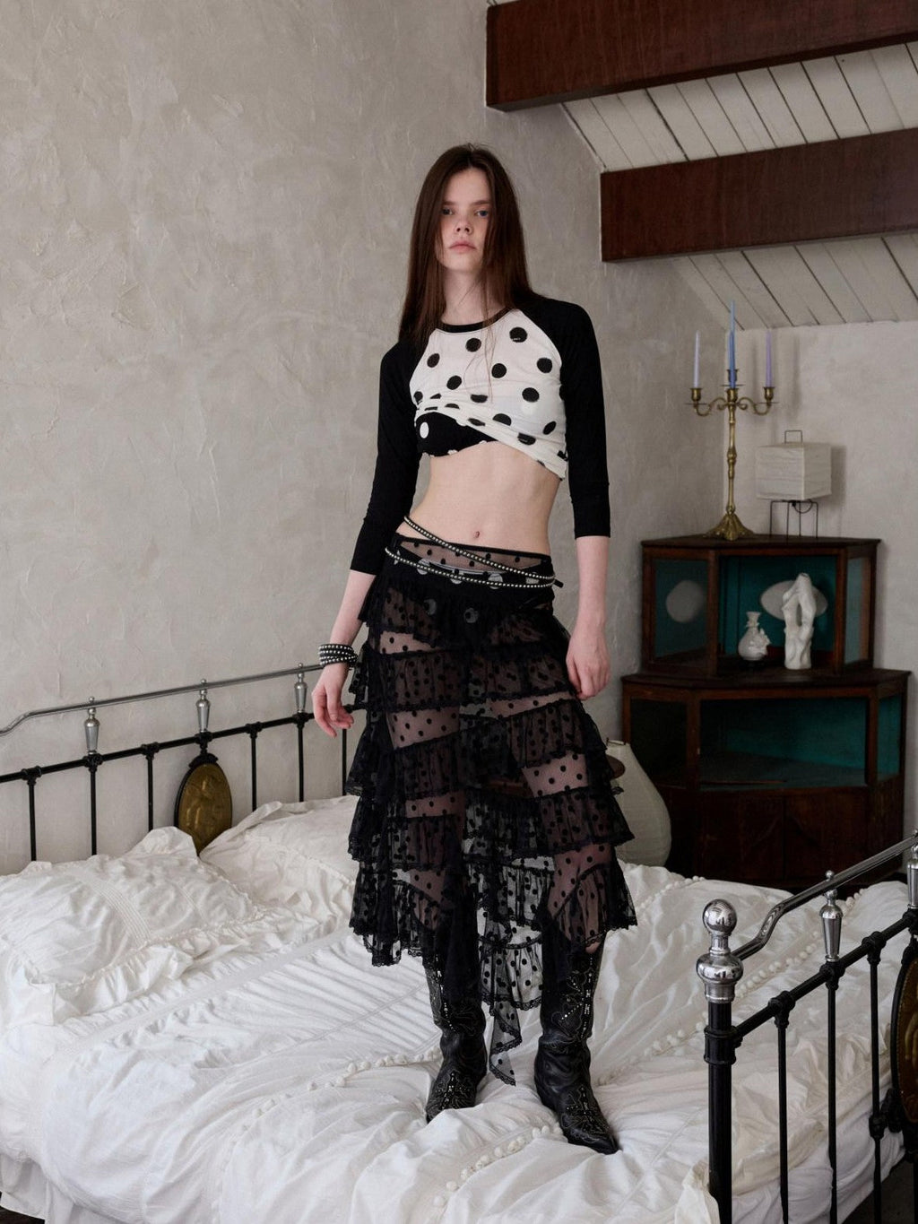 Colorblock Polka Dot Print Raglan Three Quarter Sleeve Women's Crop Tops