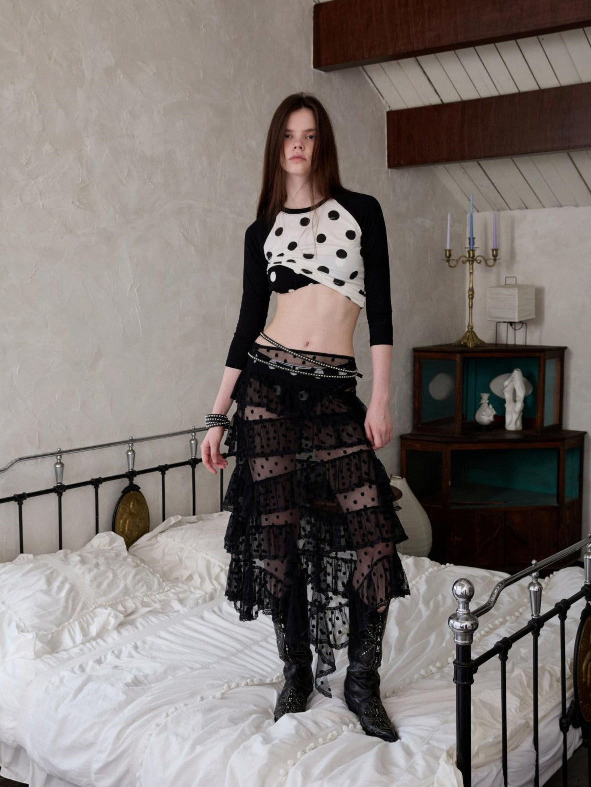 Colorblock Polka Dot Print Raglan Three Quarter Sleeve Women's Crop Tops