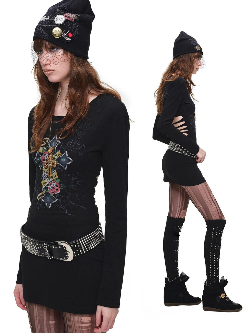 Cross Print Distressed Cutout Waist Long Sleeve Women's Bodycon Mini Dresses