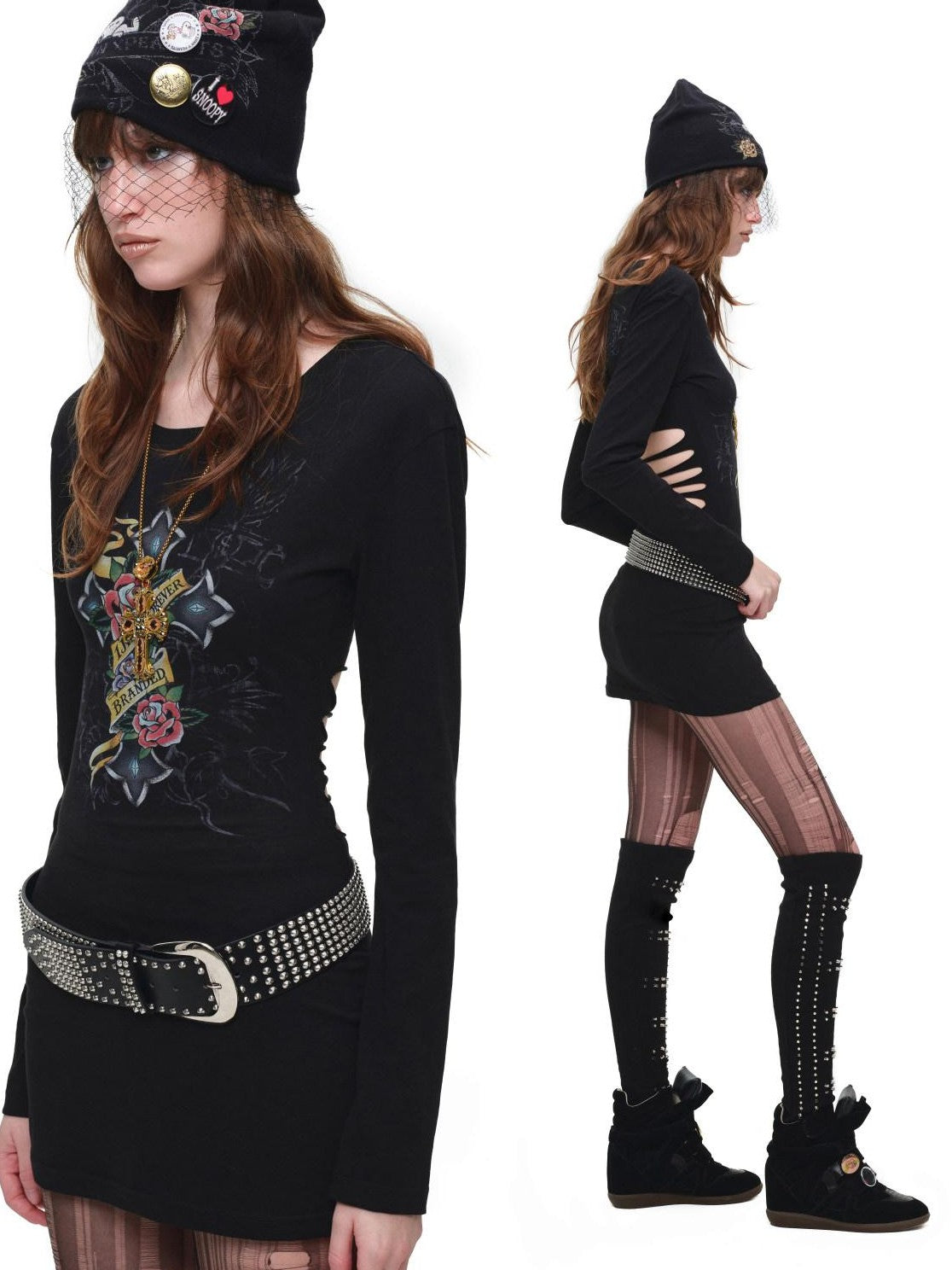 Cross Print Distressed Cutout Waist Long Sleeve Women's Bodycon Mini Dresses