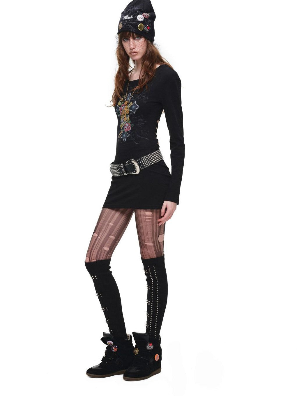 Cross Print Distressed Cutout Waist Long Sleeve Women's Bodycon Mini Dresses