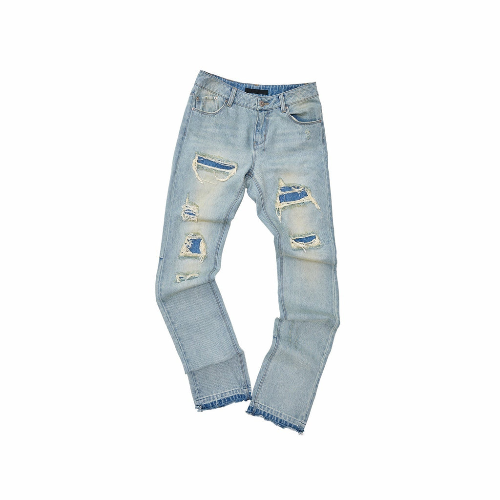 Distressed Double Patch Frayed Faux Rips Women's Pure Cotton Slim Jeans