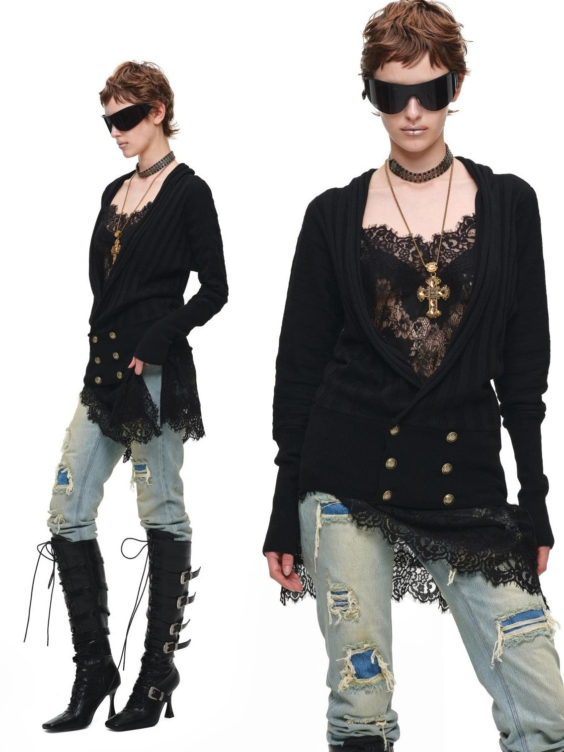 Distressed Double Patch Frayed Faux Rips Women's Pure Cotton Slim Jeans