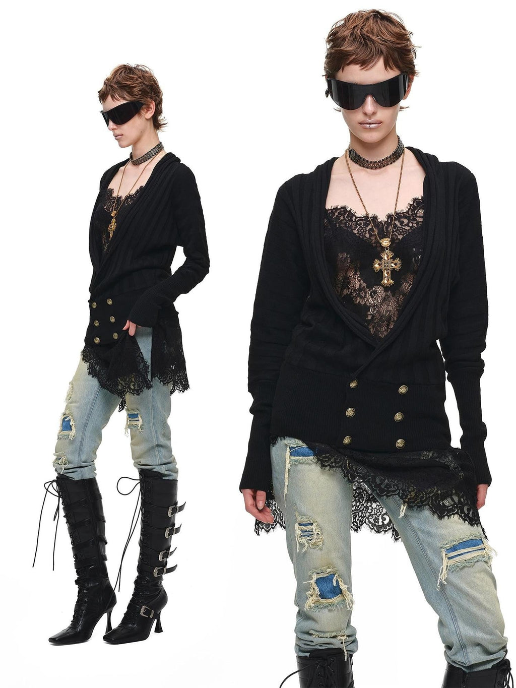 Distressed Double Patch Frayed Faux Rips Women's Pure Cotton Slim Jeans